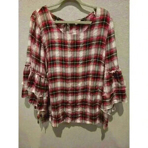Jane And Delancey Women's 1X Red Plaid Balloon Sleeve Blouse Multicolor